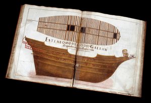 Scheepsbouw: pagina uit het architectonische verdrag (Livro de Tracas de Carpintaria) door Manuel Fernandez: het snijden van een schip door Portuguese School