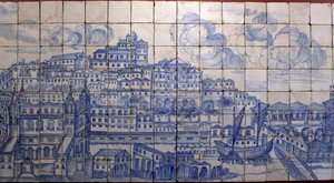 Panoramisch uitzicht op Lissabon, voor de aardbeving van 1755 - Azulejos begin 18e eeuw, paneel waarschuwend voor het voormalige paleis van de graven van Tentugal, Lissabon (Groot Lissabon panorama voor de aardbeving van 1755, faience begin 18e eeuw, oud p