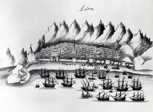 Portugese Aanval op Aden, illustratie uit Legends of India door Gaspar Correia, ca.1858 door Portuguese School