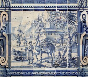 Scène met een kameel in Azië - Azulejos, geschilderd faience door Portuguese School
