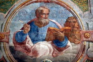 Het Klooster van Christus. Interieur van de Ronde kerk versierd met laatgotische schilderkunst en beeldhouwkunst. Sint Marcus de evangelist. Tomar. Portugal.
