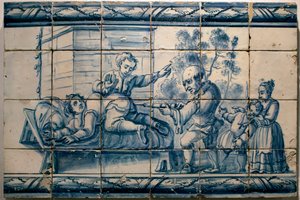 De dokter die een klysma toedient aan een patiënt - Satirisch paneel van Lissabon, eerste helft 18e eeuw - Museu Nacional dos Azulejos, Lissabon (Portugal)