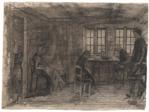 Interieur van een boerderij met vijf personen