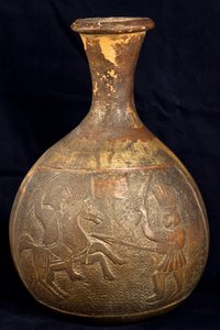Fles met afbeelding van een gevecht tussen een ruiter en een krijger te voet (terracotta)