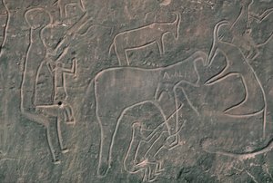 Menselijke figuren en dieren (rotsschildering) door Prehistoric
