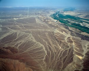 Luchtfoto van Nazca-lijnen die een vogel figuur voorstellen