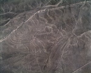 Luchtfoto van een apenfiguur, Nazcalijnen door Prehistoric Prehistoric