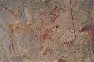 Menselijke en dierlijke figuren (rotschildering) door Prehistoric Prehistoric