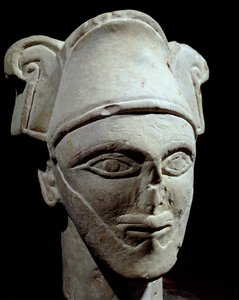 Prehistorie: hoofd van een Semitische chef in steen. Egyptische en Bedoeïen invloeden. IJzertijd. Amman, Nationaal Museum, Jordanië