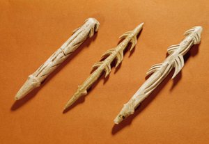 Prehistorie: rendierharpoenen gebruikt voor vissen. Gemaakt tijdens de Magdalénien periode
