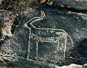 Prehistorie, rotstekeningen: grafrots met de voorstelling van een antilope door Prehistoric Prehistoric