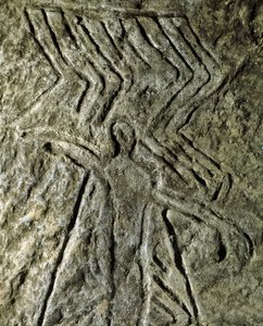 Prehistorie, rotstekeningen: petroglyph (graffiti op steen) van een voorstelling van een menselijke figuur. Neolithicum, Steentijd. (Azerbeidzjan) Bronstijd. Bakoe, Azerbeidzjan Staatsreligie Geschiedenis Museum door Prehistoric Prehistoric