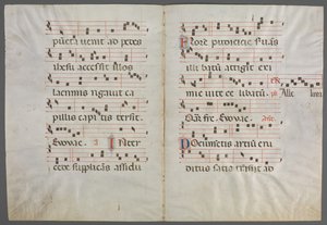 Bifolium uit een Antifonarium: Muziek door Primo Miniatore di San Domenico