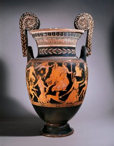 Vaas van Pronomos. Een groep acteurs die zich voorbereiden op een toneelstuk. Krater met voluten, rood en wit geschilderde figuren door Pronomos. Keramiek. Dim: 74 cm. Inv. 81673. Museo nazionale archeologico, Napels door Promonos Painter