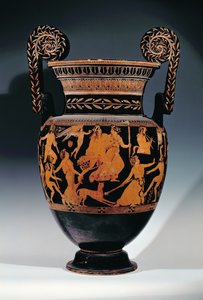 Attische roodfigurige volute-krater, versierd met een scène van acteurs en muzikanten die zich voorbereiden op een voorstelling, Grieks, uit Ruvo, 5e eeuw v.Chr. door Pronomos Painter