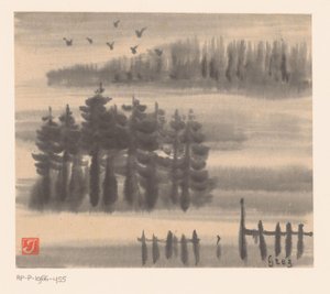 Vogels boven boslandschap door Prosper Alphonse Isaac