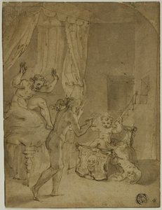 De jonge Hercules wurgt slangen in zijn wieg (recto); Gekroonde vrouw knielend in landschap, en andere schetsen (verso) door Prospero Fontana