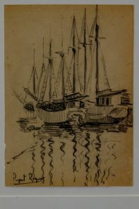 Zeilboten, Narcís Puget Riquer, houtskooltekening, museum Puget, adellijk huis van Can LLaudis, Dalt Vila, Ibiza, Balearen, Spanje door Puget Riquer