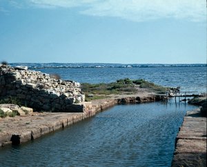 Zicht op de cothon op het eiland Mozia, oude Punische stad gesticht in de 8e eeuw v.Chr. Sicilië