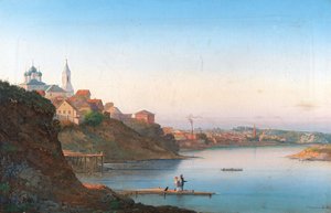 De Dormitiekerk op Krutitsy in Moskou met het Simonov-klooster op de achtergrond
