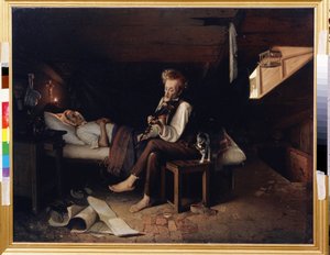 Een gekke violist aan het sterfbed van zijn moeder. In een armoedige kamer, geïnstalleerd op de zolder, rust een dode vrouw in haar bed met haar handen gevouwen op haar borst, onder een kruis verlicht door de vlam door Pyotr Sysoyevich Kosolap