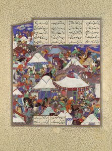 Het dronken Iraanse kamp aangevallen in de nacht, Folio 241r uit de Shahnama, ca. 1525-30