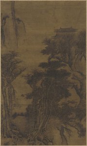 Landschap met tempel en reizigers