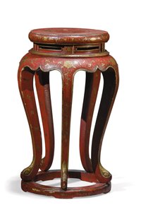 Jardinière (gelakt in rood met gouden, bruine en groene details) door Qing Dynasty Chinese School