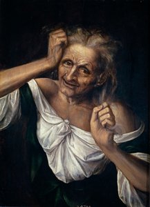 Oude Vrouw die aan haar Haar Trekt