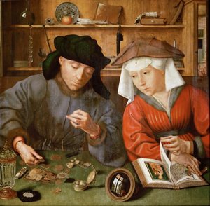 De Woekeraar en zijn Vrouw door Quentin Massys or Metsys