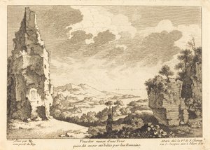 Uitzicht op de ruïnes van een toren die naar verluidt door de Romeinen is gebouwd door Quentin Pierre Chedel after François Boucher