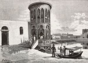 Een Moorse kleine toren die de club van de Italiaanse officieren huisvest, Massawa, Eritrea, gravure naar tekening door Quinto Cenni en schets door Pieragostini, uit L