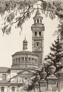 Beata Vergine dei Miracoli Heiligdom, Saronno, Italië, gravure naar tekening van Quinto Cenni, uit L