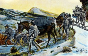 Eerste Wereldoorlog: groep Italiaanse Alpenjagers met hun muilezels in 1915 (illustratie door Quinto Cenni) door Quinto Cenni