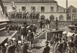 Italiaanse soldaten gaan aan boord van schip Washington, Napels, Italië, derde Italiaanse expeditie in de Rode Zee, gravure naar tekening van Quinto Cenni en schets van M Del Don, uit L