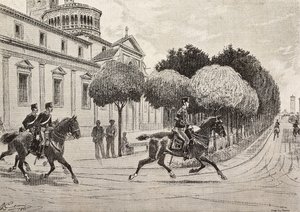 Soldaten te paard passeren voor het Beata Vergine dei Miracoli heiligdom, Saronno, Italië, gravure naar een tekening van Quinto Cenni, uit L