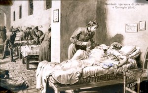 De Italiaanse patriot Giuseppe Garibaldi (1807-1882) als verpleegster, onder de naam Pan-Borel, voor de cholerapatiënten in Marseille in 1836 door Quinto Cenni