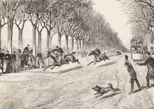 Drie verzetsleiders die deelnemen aan een paardenrace, Derde Savoye-regiment, tussen Milaan en Monza, Italië, gravure naar tekening door Quinto Cena, uit L
