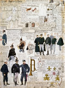 Uniformen van het Koninkrijk Italië tussen 1896 - 1897, plaat uit Cenni Codex, collectie van militaire schetsen in aquarel door Quinto Cenni