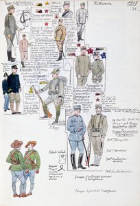 Uniformen van het Koninkrijk Italië in 1915, plaat uit Cenni Codex, collectie van militaire schetsen in aquarel door Quinto Cenni
