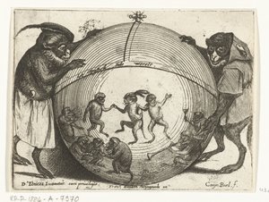 Twee apen houden een wereldbol vast Verschillende bedrijven uit het menselijke leven door apen voorgesteld het Apespel inde werelt