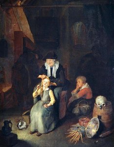 Cottage-interieur met vrouw die het haar van een meisje kamt