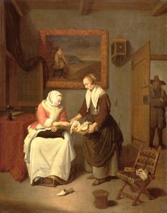 Interieur met een dame die vis kiest door Quiringh Gerritsz. van Brekelenkam
