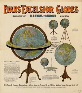 Advertentieposter voor globes met afbeeldingen van 5 globes en wat beschrijvende tekst door R. O. Evans And Company