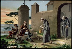 De aankomst van Christoffel Columbus met zijn zoon in het klooster van La Rabida door R. Puiggari