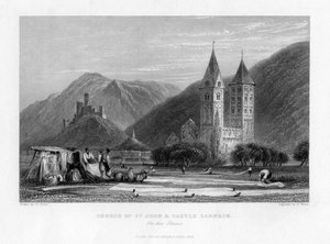 Kerk van St. Jan en kasteel Lahneck aan de Rijn, 1838