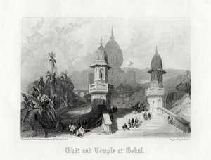 Ghat en Tempel in Gokul, India, ca. 1838 door R. Wallis