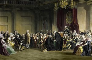 Benjamin Franklin (1706-1790), Amerikaanse filosoof, natuurkundige en staatsman voor de Lords of the Privy Council, Whitehall Chapel, Londen.