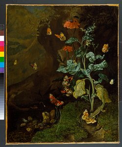 Stilleven met bloemen, vlinders en een hagedis in een dal, voor 1750