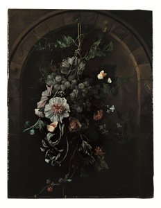Een Slinger van Druiven, Stokrozen, Irissen, Kaasjeskruid, Afrikaanse Goudsbloemen, Clematis, een Paardenkastanje en Bramen met Vlinders en andere Insecten voor een Stenen Boog door Rachel Ruysch